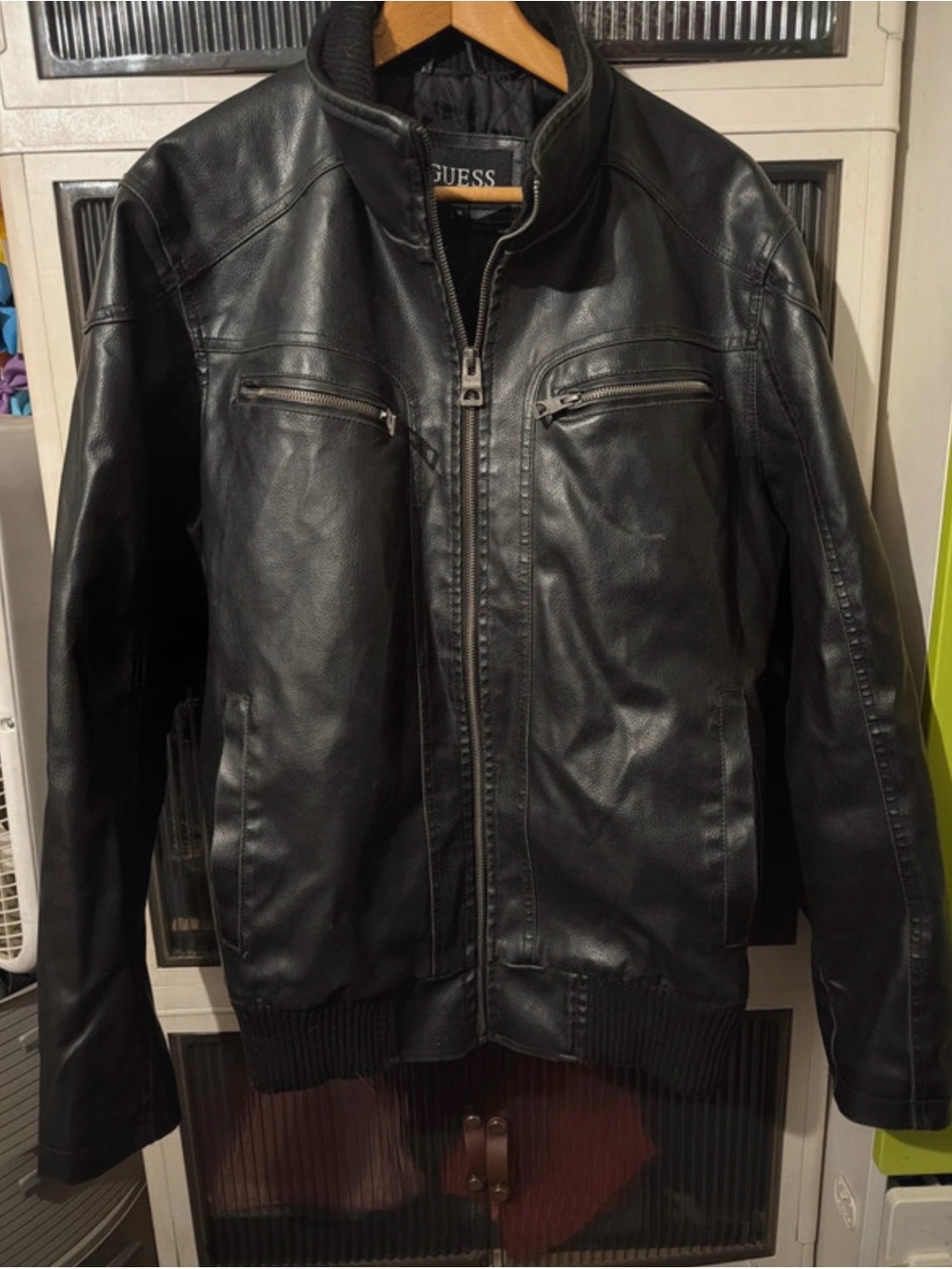 GUESS Black Leather Bomber Jacket with Zip Pockets